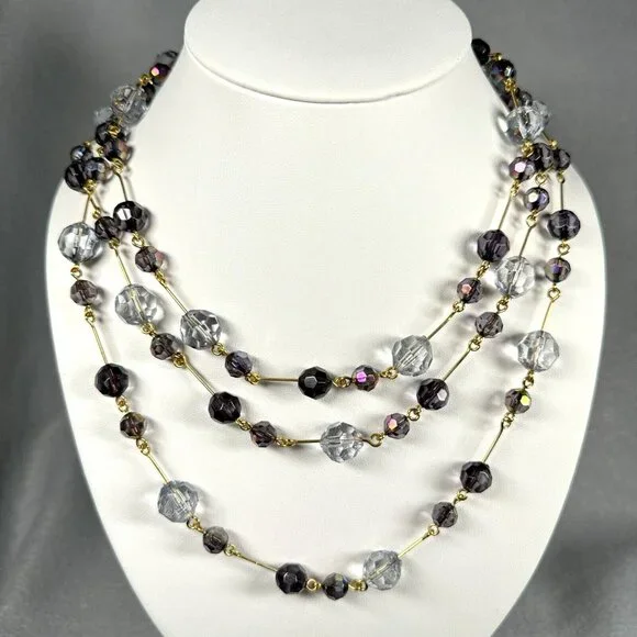 Joan Rivers Beaded Necklace Clear Purple AB Faceted Gold Tone Long Layer 60" - Picture 2 of 10